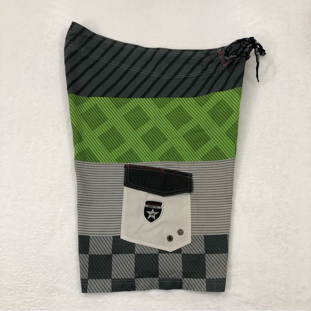 Molokai Surf Co Green & Gray Checkered Striped Swim Trunks Board Shorts Mens 36.